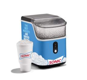 An image of a blue SONIC®” Ice Maker with a branded cup full of ice in front of it.