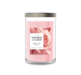 An image of a pink Yankee Candle called Fresh Cut Roses. The candle features an image of a pink rose.