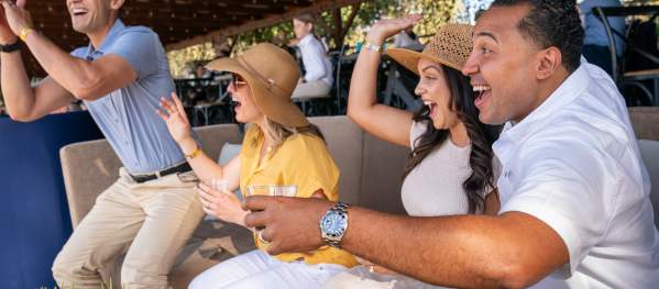 An excited group of friends cheers on the competition at Galway Downs