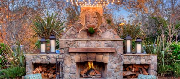 Outdoor seating area with market lights.