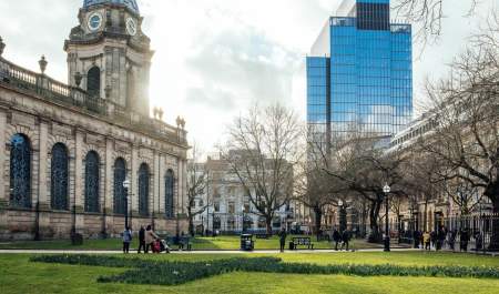 St Philip's Cathedral with tall office building 103 Colmore Row in the background.
