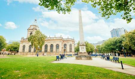 St Philip's Cathedral in Colmore Row in Birmingham. It is situated in its own green park area