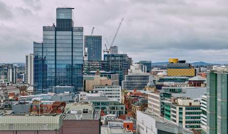 A view of the Birmingham skyline, looking up Colmore Row