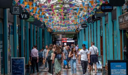 A view down the Great Western Arcade in Birmingham, decorated for the Commonwealth Games.