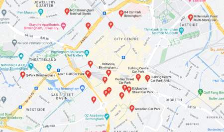Google maps showing car parks in Birmingham