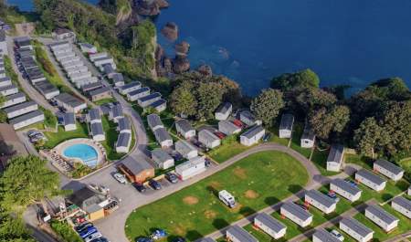 aerial view of a holiday park at the seaside