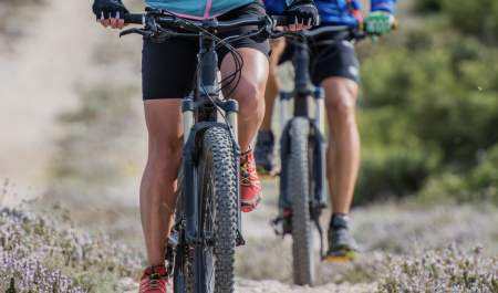 Two people riding mountain bikes on a rocky trail. They wear colourful jackets, shorts, and gloves. The background is blurred with greenery, conveying motion and adventure.