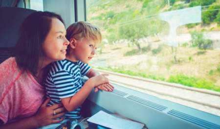 mother and son on a train