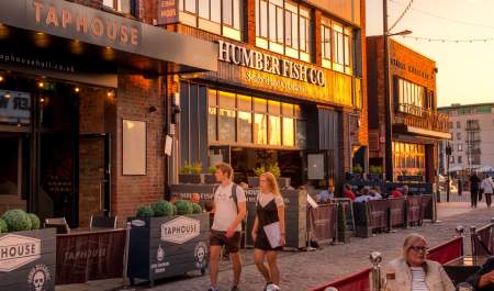 Humber street, featuring Taphouse and Humber Fish Co at sunset in Hull