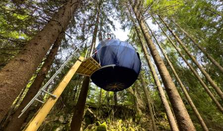 A big blue ball that hangs in the trees you can sleep in - called the blueberry