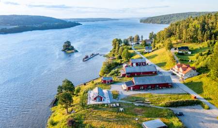Furuholmen in Sarpsborg, the Glomma river, and the surrounding area seen from above.