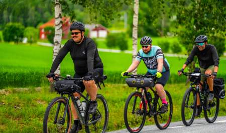 Syklister sykler gjennom frodig landskap