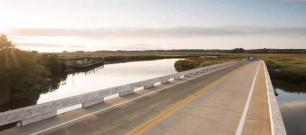 Delaware Bayshore Byway road at sunset
