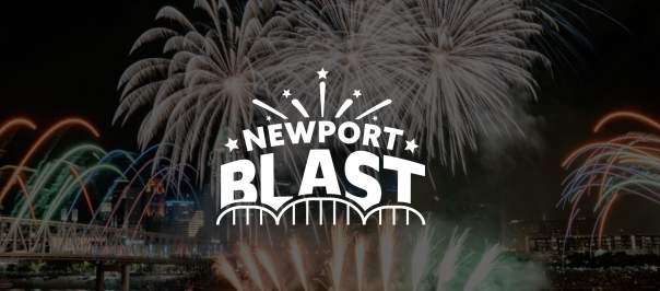 Image is of fireworks at night on the Ohio River with the words Newport Blast in the center.