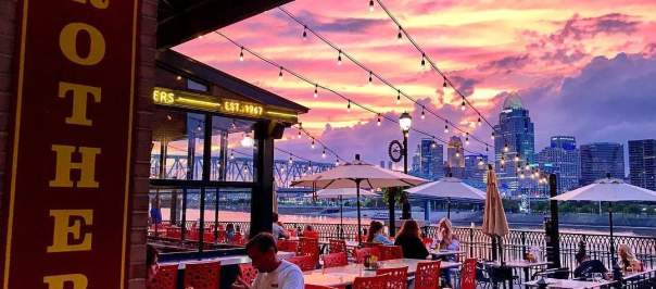 Pink and purple sunset over Cincinnati Skyline, seen from Brothers restaurant in Newport KY
