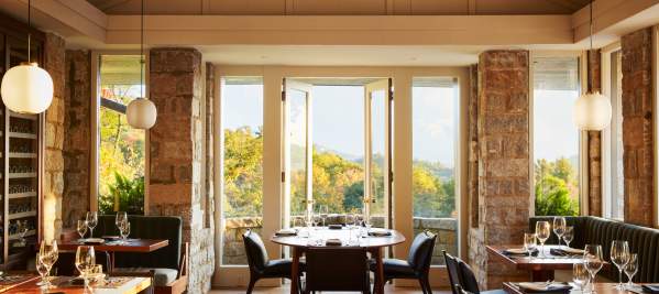 The empty dining room at Oak Steakhouse in Highlands, North Carolina.