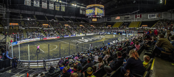 A dimly lit UW-Milwaukee Panther Arena during a Milwaukee Wave soccer game