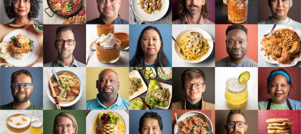 a grid of milwaukee chef headshots and food photography featuring dishes and chefs from the Milwaukee Cookbook