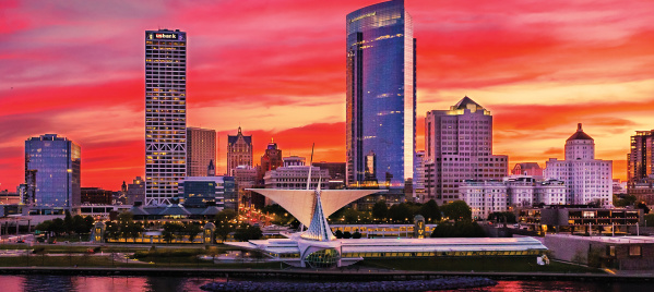 Milwaukee skyline at sunset