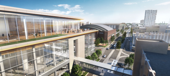 a rendering of the expanded Baird Center highlighting the outdoor terrace and skywalk looking north