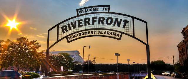 Riverfront Sign at walkway entrance