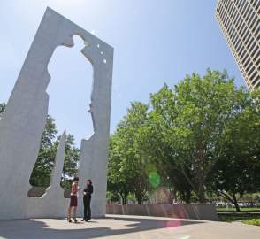 Downtown Burnett Park business women scuplture