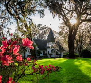 Blooming azaleas adorn the grounds of Christ Church on St. Simons Island, Georgia