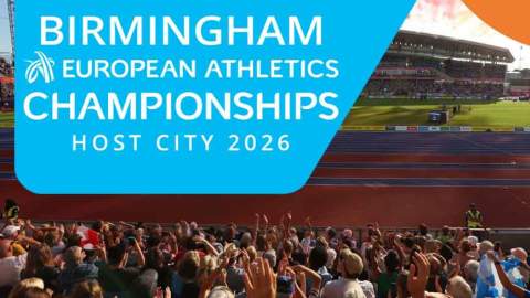 European Athletics Championships title against a crowd shot at Alexander Stadium