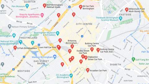 Google maps showing car parks in Birmingham