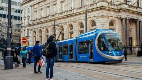 Blue Metro Tram outside Birmingham Grand Central