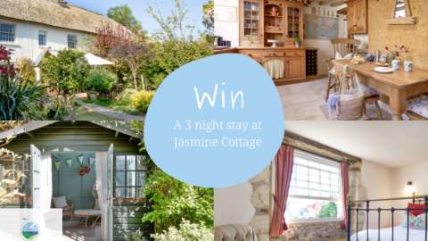 Cosy cottage promotion: lush garden, rustic kitchen, inviting bedroom, and charming porch. Text: "Win a 3-night stay at Jasmine Cottage."
