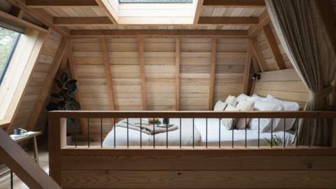 A cosy attic bedroom with wooden walls and ceiling, featuring a skylight above a neatly made bed with cushions. Soft natural light creates a warm ambiance.
