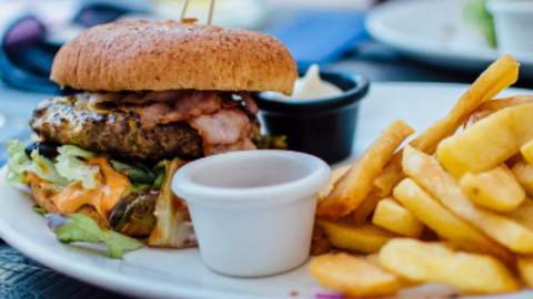 A burger and chips on a plate