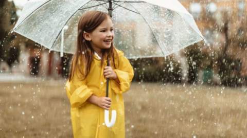 child in rain car holding an umbrella in the rain