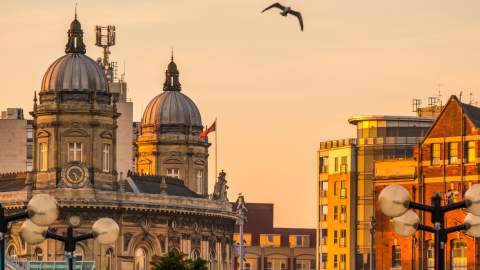 Hull city centre rooftops at Sunset