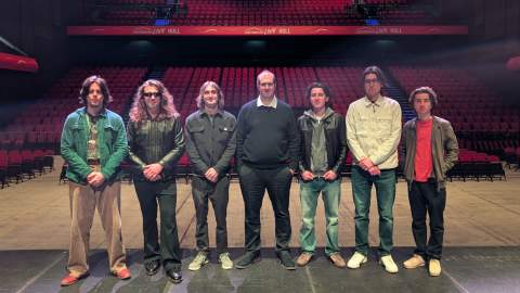 The Froot and Breeze bands together with Sam Ryder from Connexin Live on stage, ready to head to The Great Escape Festival.
