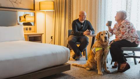 2 people sat at a small table next to a bed, inside a room in the DoubleTree by Hilton in Hull. Between them sits a guide dog.