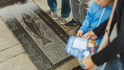 Stone plaque on Hull’s Fish Trail featuring an engraved fish illustration and species name, with visitors standing nearby while following the trail.