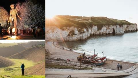 A collage of photos showcasing the Hull and east yorkshire coast, countryside and a large puppet.