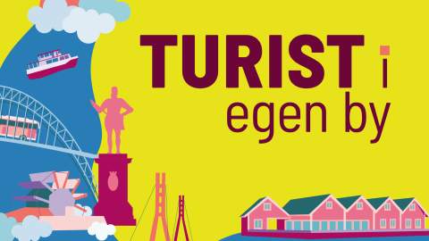 Fargerike illustrasjon av diverse landemerker i Nedre Glomma. Illustrasjon/grafikk.