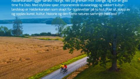 Forsiden til Haldenkanalens sykkelbrosjyre: Opplev Haldenkanalen på to hjul