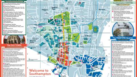 Southampton City Centre visitor map showing key areas such as Old Town, Cultural Quarter, central (Westquay) and Maritime Quarter