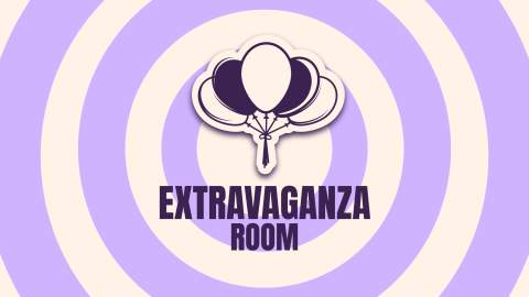 A light purple and cream background with an illustration of a group of balloons. It says 'Extravaganza Room' underneath.