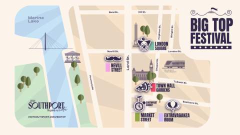 An illustrated map of the Big Top Festival in Southport. The background is a cream colour with different sections labled.