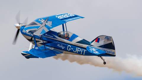 Image shows Rich Goodwin Jet Pitts Blue Aircraft in flight