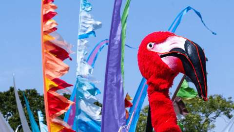 The head of a puppet of a flamingo in red fur.