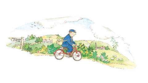 Image shows Jolly Postman riding a bike from the The Jolly Postman book