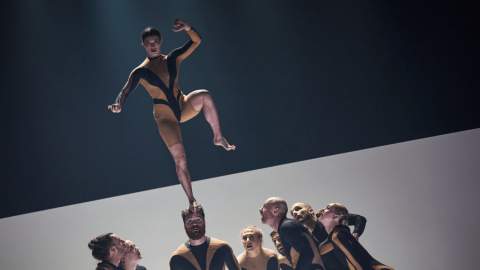 A group of acrobatic performers in matching gold‑and‑black geometric costumes form a dramatic balance pose. One performer stands on another’s head on a single leg while the surrounding dancers look upward, illuminated against a dark gradient background.
