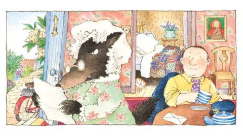Image shows Grandma's Cottage scene from The Jolly Postman book with wolf dressed as Grandma reading a letter and The Jolly Postman sitting at table in background
