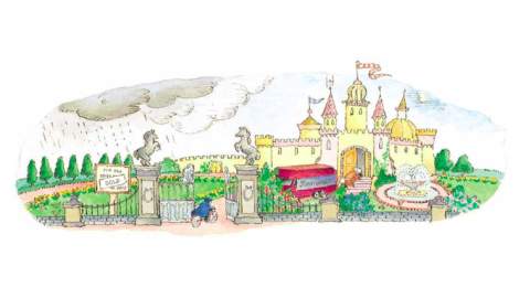 Image shows Cinderella's castle with The Jolly Postman on his bike cycling up towards the gate
